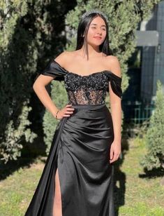 Prom Dress Ideas Unique, Off The Shoulder Prom Dresses, Leg Split, Long Evening Dress, Black Prom Dress, Prom Dress Inspiration, Black Prom, Pretty Prom Dresses, Evening Dresses Elegant