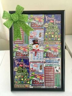 an ad for the pennsylvania lottery ticket is shown in front of a photo frame with a green bow on it