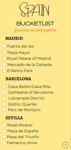 a list of places to see and explore in spain with spanish words on the top