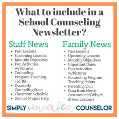 a poster with the words, what to include in a school counseling news?