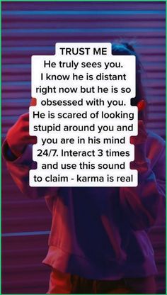 a person standing in front of a purple background with the text trust me he truly sees you, i know he is distant right now but he is so obses