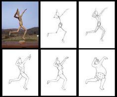 four different poses of a man running and jumping in the air with his hands up