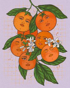 oranges with faces surrounded by leaves and flowers