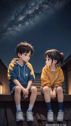 two children sitting on a ledge looking at the night sky with stars in the background