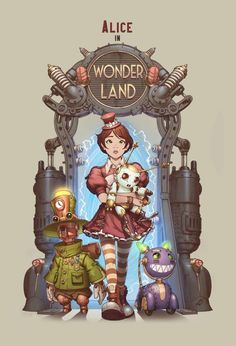 an illustration of alice in wonderland land with other characters and their pet dogs on the cover