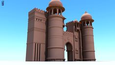 a large castle like structure with two towers and three domes on each side, in front of a blue sky