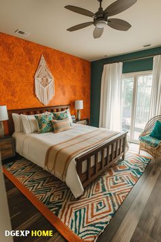 Vibrant Boho bedroom with bold orange walls, macrame decor, and cozy textiles. Patterned Rug, Decor Elements