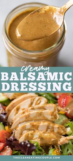 balsamic dressing in a jar with chicken on top