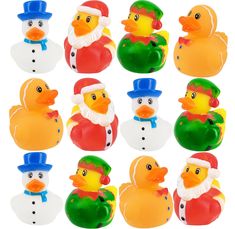 twelve rubber ducks with hats and beards in different colors, sizes and shapes on white background