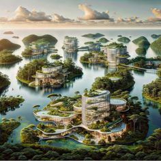 an artist's rendering of a futuristic city in the middle of water surrounded by trees