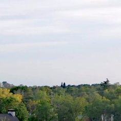 an airplane is flying in the sky over some houses and trees on a cloudy day