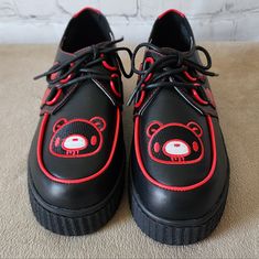 Strange Cvlt Krypt Gloomy Bear Creepers. Featuring A Black Vegan Construction, Rubber Outsole, Red Enamel D Rings With Matching Heart Accents, Embroidered Gloomy Bear Detailing, And A 1" Heel. Nwt Size 8 Gloomy Bear Shoes, Perky Goth, Bear Shoes, Black Platform Sneakers, Cute Bios, Oc Outfits, Gloomy Bear, Pink Wedges, Strappy Platform Sandals