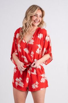 Tie front printed kimono romper red Print Kimonos