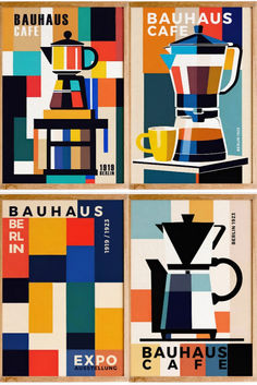 three posters with different colors and shapes on them, one has a coffee maker in the middle