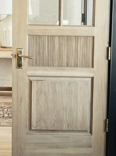 a cat is sitting on the floor in front of a wooden door with glass panels