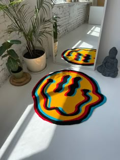 two round rugs on the floor in front of a mirror and potted plant