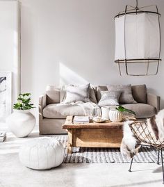 a living room filled with lots of furniture next to a white vase and potted plant