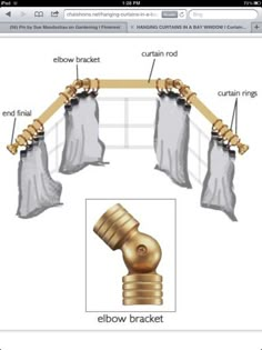 an image of a curtain rod attached to a window with the words elbow bracket below it