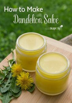 DIY Dandelion Salve Recipe - Learn how to use those dandelions growing in your backyard to make a salve that's useful for sore muscles, achy & arthritic joints and rough, chapped skin. Dandelion salve is especially ideal for those who work outdoors and with their hands a lot! Diy Dandelion, Dandelion Salve, Salve Recipes, Dandelion Jelly, Herbal Salves, Healing Salves, Natural Healing Remedies