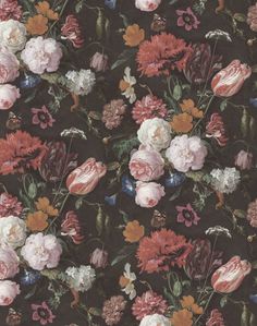 a floral wallpaper with many different colored flowers and leaves on dark brown background,