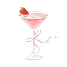 a watercolor drawing of a pink cocktail with a strawberry on the rim and ribbon