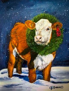 a painting of a cow with a wreath around its neck standing in the snow, looking at the camera