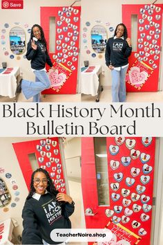 two girls standing in front of a bulletin board that says black history month with hearts on it