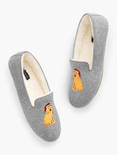 Coziness achieved. Slip into the plush comfort of our easygoing slippers. Crafted with an adorable golden retriever embroidery. Memory foam footbed feels great all day. Heel and arch padding for extra comfort and support. Flexible outsole for improved stability. Features Round Toe Memory foam footbed Imported Material: 100% Cotton | Fireside Embroidered Slippers - Golden Retriever - 100% Cotton Talbots Embroidery Memory, Golden Retriever Embroidery, Adorable Golden Retriever, Embroidered Slippers, Feeling Great, Modern Classic, Golden Retriever, Memory Foam, Arch