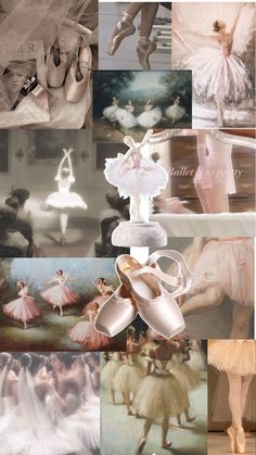 ballet collage with ballerinas and dancers in white tutu skirts, pink shoes