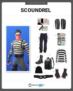 the costume guide for scoundrell from fortnix is shown in black and white