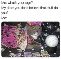 a cat wearing a costume next to some cards