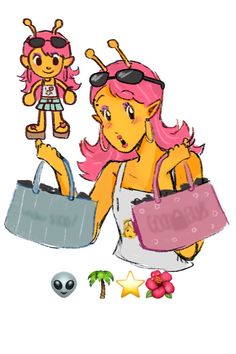 a drawing of a girl with pink hair holding a shopping bag and a doll next to her