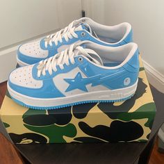 Light Blue Bape Sta Size 10 Never Worn Blue And White Sneakers, Bape Star, Shoes Light Blue, Bright Sneakers, Sneakerhead Room