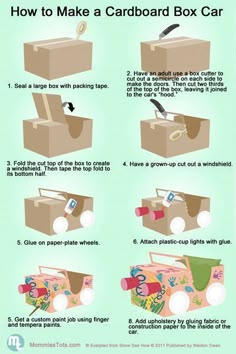 instructions for how to make a cardboard box car with pictures on the inside and out