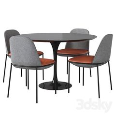 a table with four chairs around it and an orange cushion on the backrests