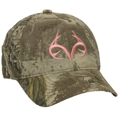 a mossy cap with pink deer antlers embroidered on the front and back side