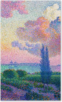 a painting of clouds over the ocean and trees in front of a pink sky with purple flowers