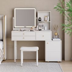 a white desk with a mirror, stool and shelf on the wall next to it