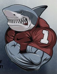 a shark with a football jersey on is flexing his muscles