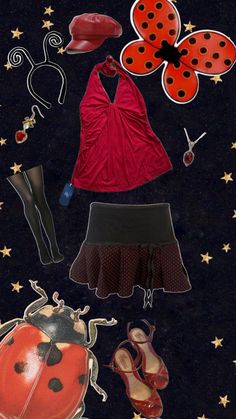 a collage of ladybug clothes and accessories on a black background with stars