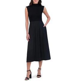 Vince Camuto Mixed Media Sweater Bodice Mock Neck Sleeveless Satin Drop Waist Trapeze Flounce Midi Dress | Dillard's Drop Waist Pleated Dress, Drop Waist 50s Dress, Vintage Drop Waist Dress, Drop Waist Black Dress, Black A-line Midi Dress With Ruched Detail, Drop Waist, Vince Camuto, Mock Neck, Bodice