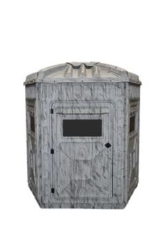 an outhouse with the door open and windows on it's side, in front of a white background