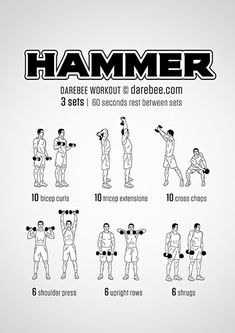 the hammer workout poster shows how to do dumbbells and chest exercises for beginners