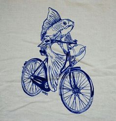 a drawing of a fish riding a bicycle