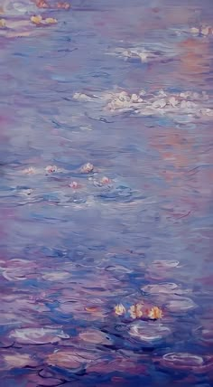 an oil painting of water lillies floating on the surface with purple and blue hues