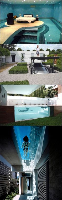 the inside and outside of a house with an indoor swimming pool in front of it