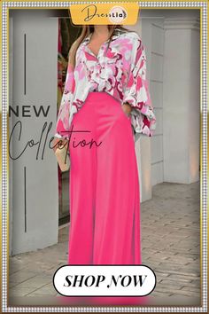 Fashion Elegant Long Sleeve Printed Lapel Shirt + Solid Color Wide Leg Pants Women Suit Spring Autumn Loose Ladies 2 Piece Sets Pink Long Sleeve Pant Set For Spring, Pink Office Sets For Summer, Pink Summer Office Sets, Pink Long Sleeve Pant Set For Work, Elegant Pink Long Pants Set, Elegant Pink Sets With Long Pants, Pink Wide Leg Party Set, Pink V-neck Workwear Set, Pink V-neck Set For Work