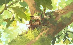 a tree house in the middle of a forest with lots of green leaves on it