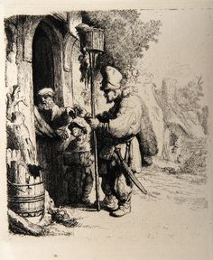 an old drawing of a man opening a door to another man