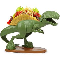 a toy dinosaur with a taco on it's head